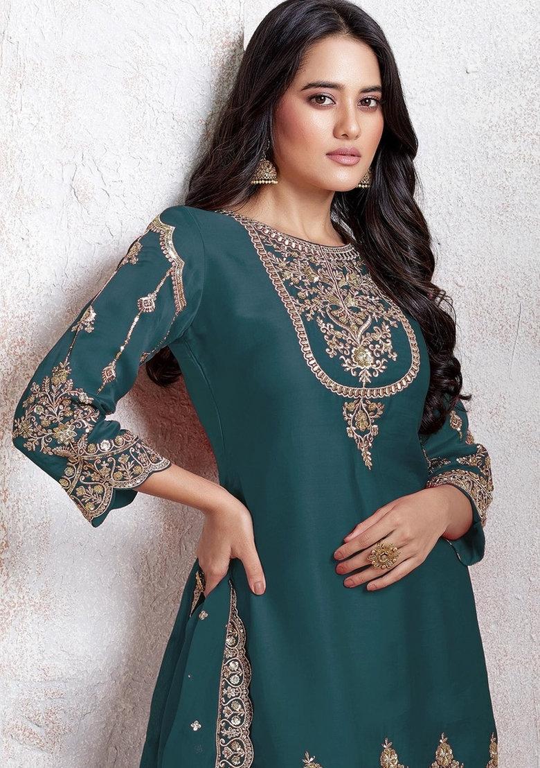 Teal Blue Embroidered Faux Georgette Salwar Kameez With Dupatta
