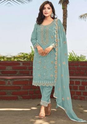 Sky Blue Embroidered Organza Salwar Kameez With Dupatta