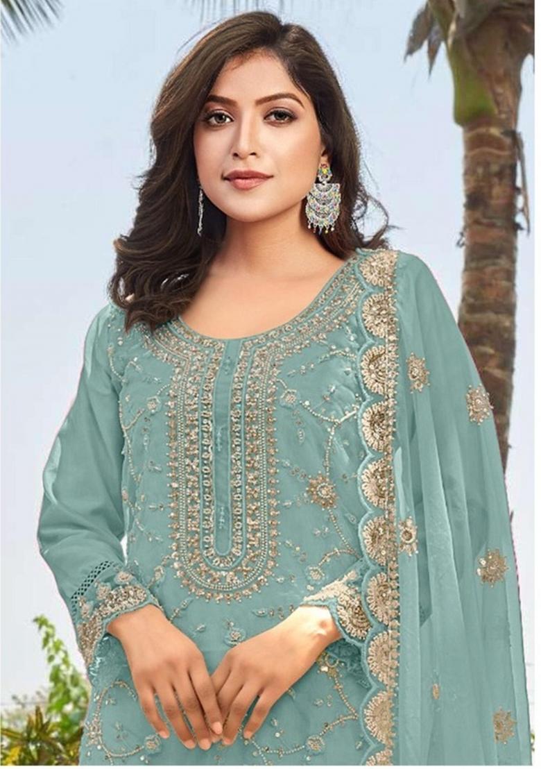 Sky Blue Embroidered Organza Salwar Kameez With Dupatta