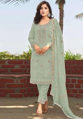 Sea Green Embroidered Organza Salwar Kameez With Dupatta
