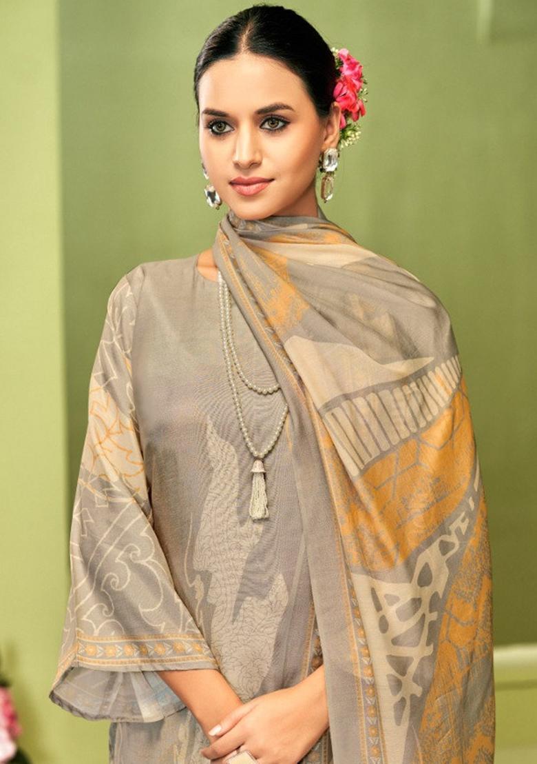 Grey Crepe Embroidered Salwar Suit