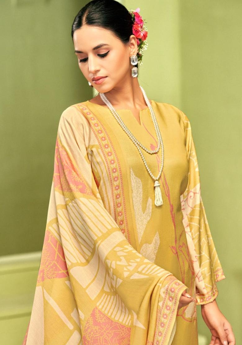 Yellow Crepe Embroidered Salwar Suit