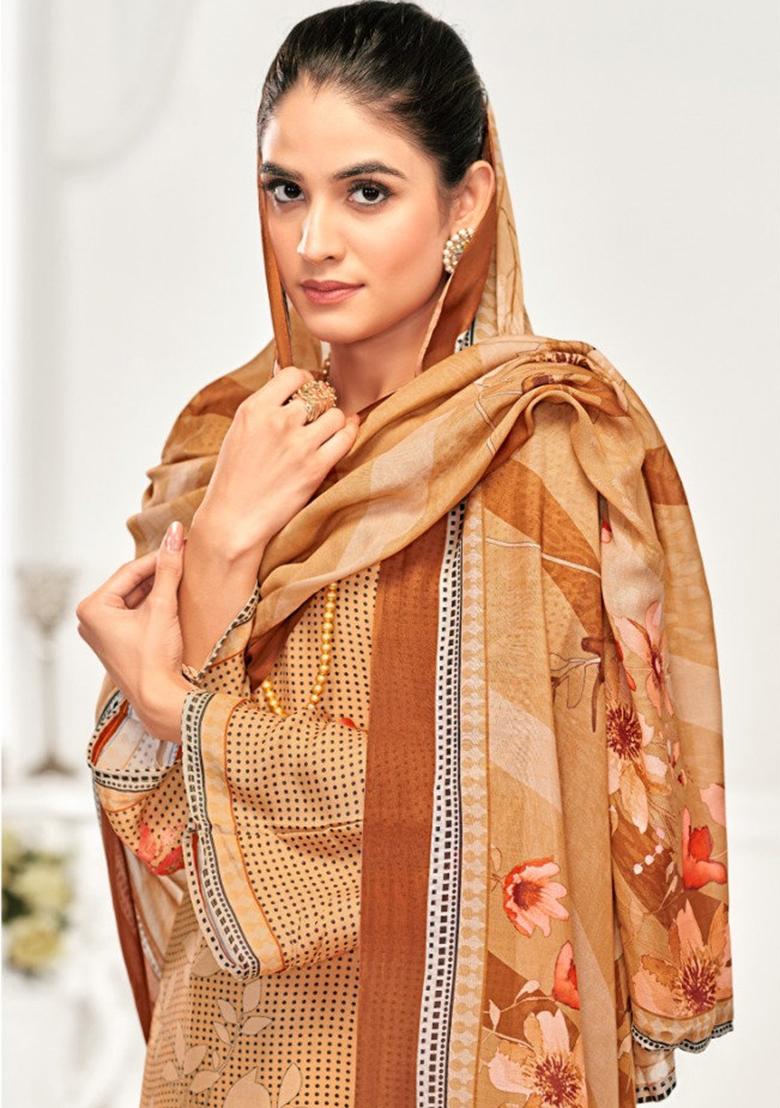 Brown Crepe Embroidered Salwar Suit