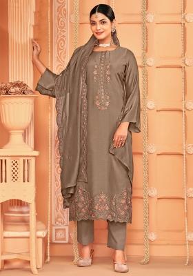 Brown Crepe Zari Work Salwar Suit