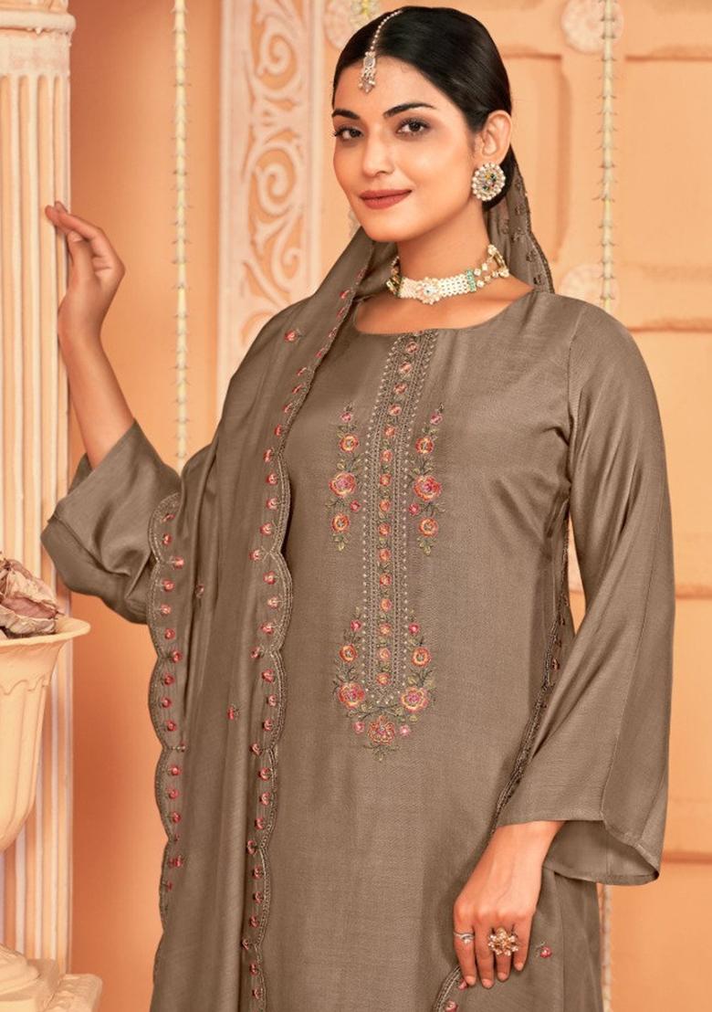Brown Crepe Zari Work Salwar Suit