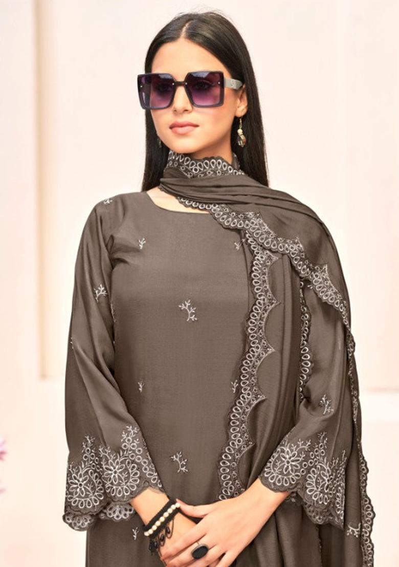 Grey Crepe Zari Work Salwar Suit