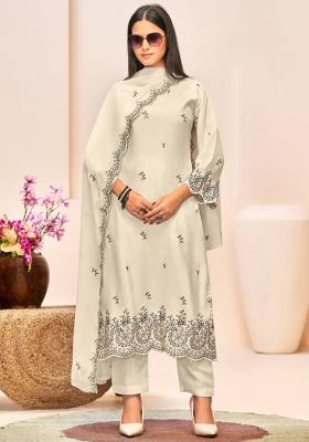 White Crepe Zari Work Salwar Suit