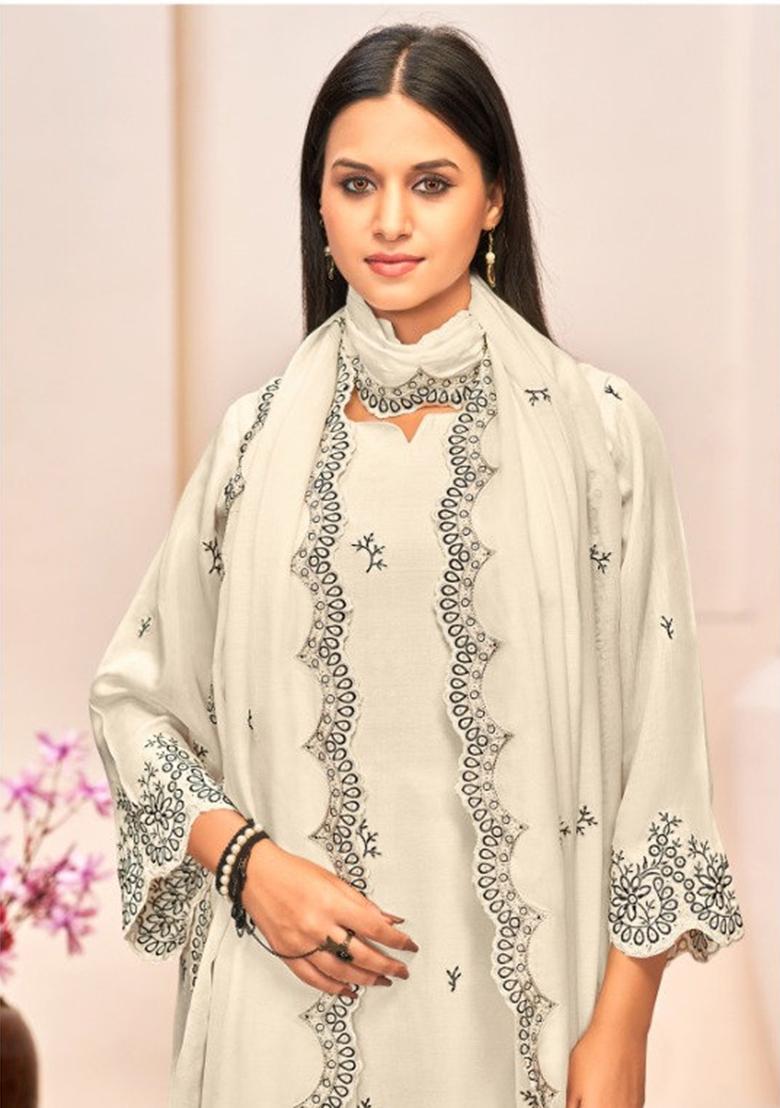 White Crepe Zari Work Salwar Suit