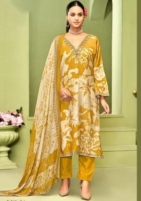 Yellow Crepe Embroidered Salwar Suit
