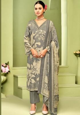 Grey Crepe Embroidered Salwar Suit