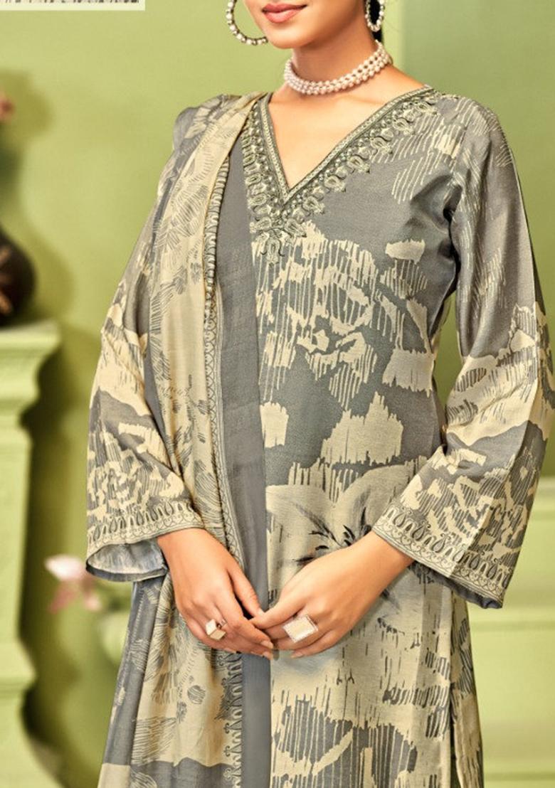 Grey Crepe Embroidered Salwar Suit
