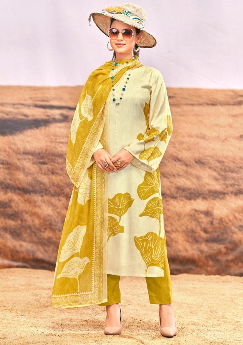 White And Pink Printed Cotton Blend Salwar Kameez With Dupatta