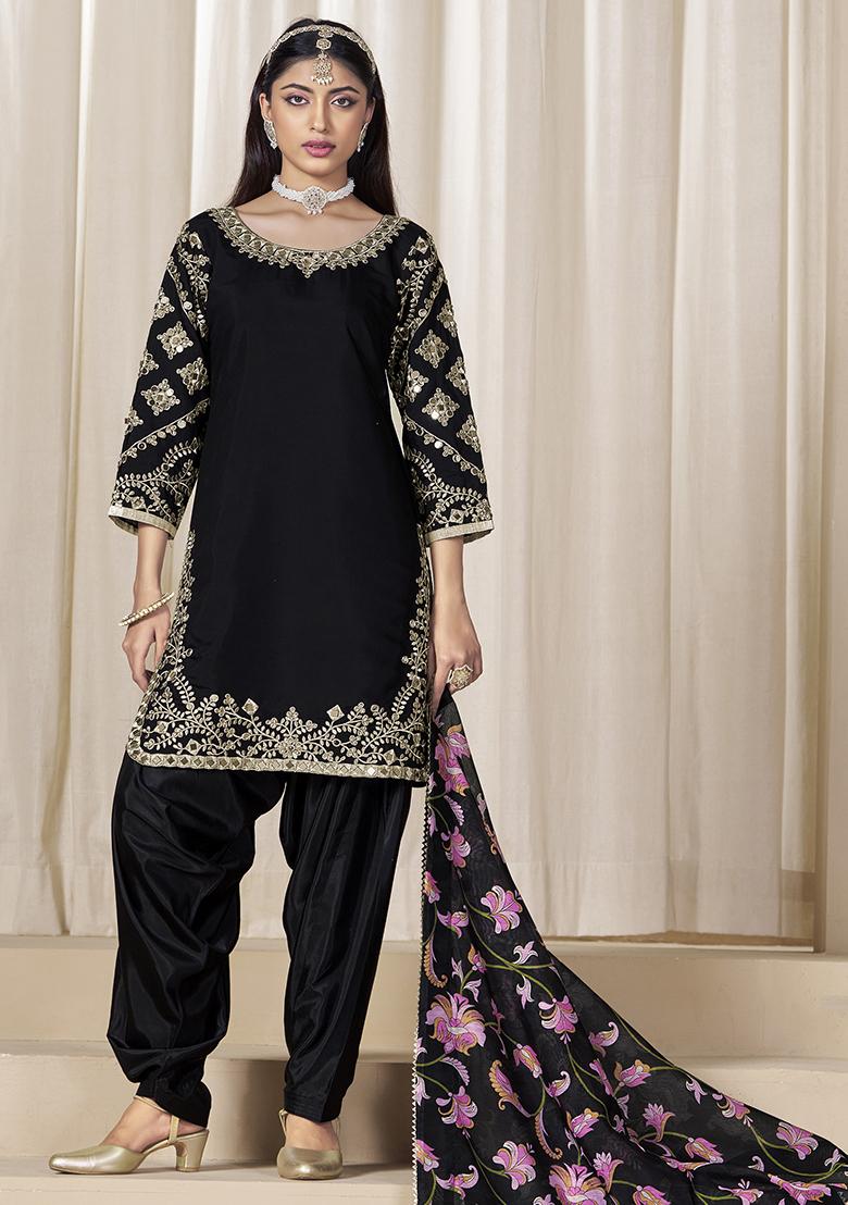 Black Embroidered Silk Salwar Kameez With Dupatta
