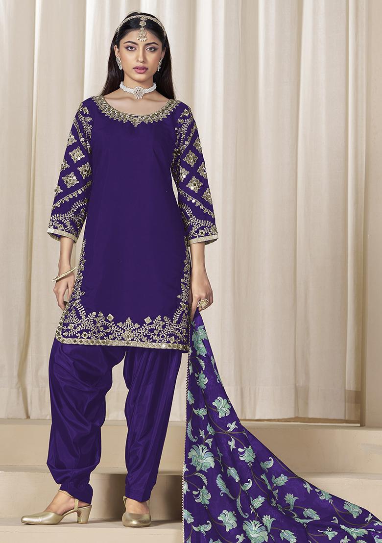 Purple Embroidered Silk Salwar Kameez With Dupatta