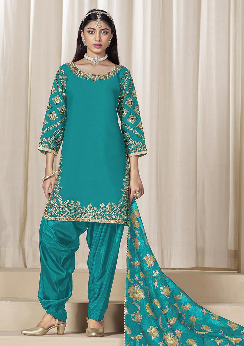Sea Green Embroidered Silk Salwar Kameez With Dupatta