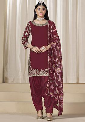 Maroon Embroidered Silk Salwar Kameez With Dupatta