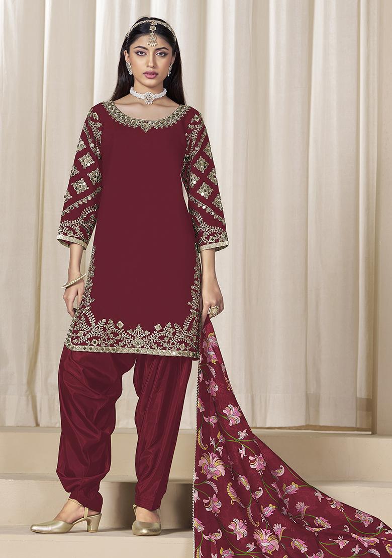Maroon Embroidered Silk Salwar Kameez With Dupatta