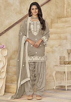 Grey Embroidered Silk Salwar Kameez With Dupatta