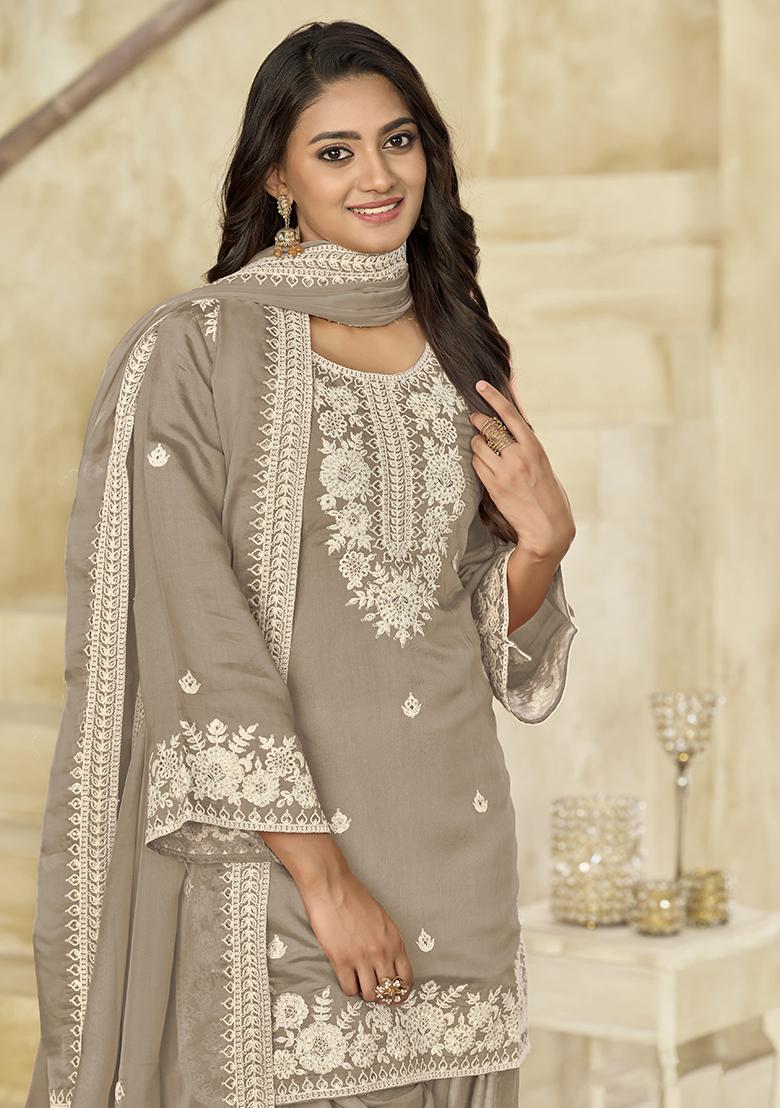 Grey Embroidered Silk Salwar Kameez With Dupatta