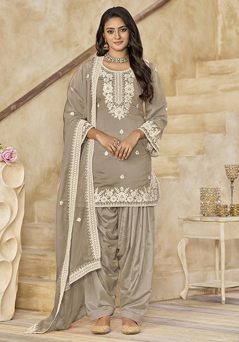Grey Embroidered Silk Salwar Kameez With Dupatta