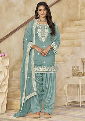 Aqua Embroidered Silk Salwar Kameez With Dupatta