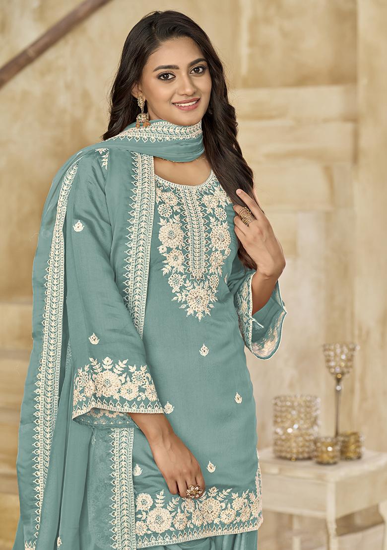 Aqua Embroidered Silk Salwar Kameez With Dupatta