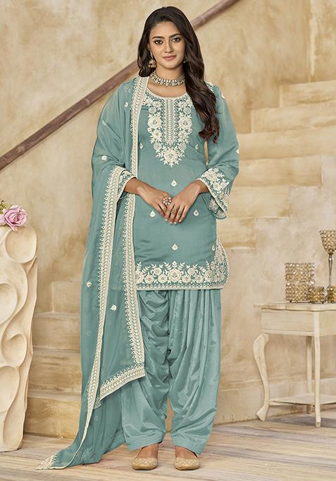 Aqua Embroidered Silk Salwar Kameez With Dupatta