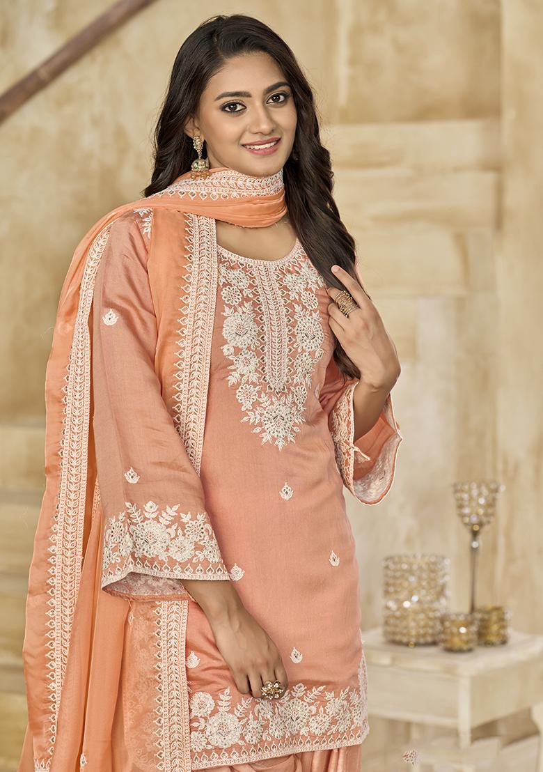 Peach Embroidered Silk Salwar Kameez With Dupatta