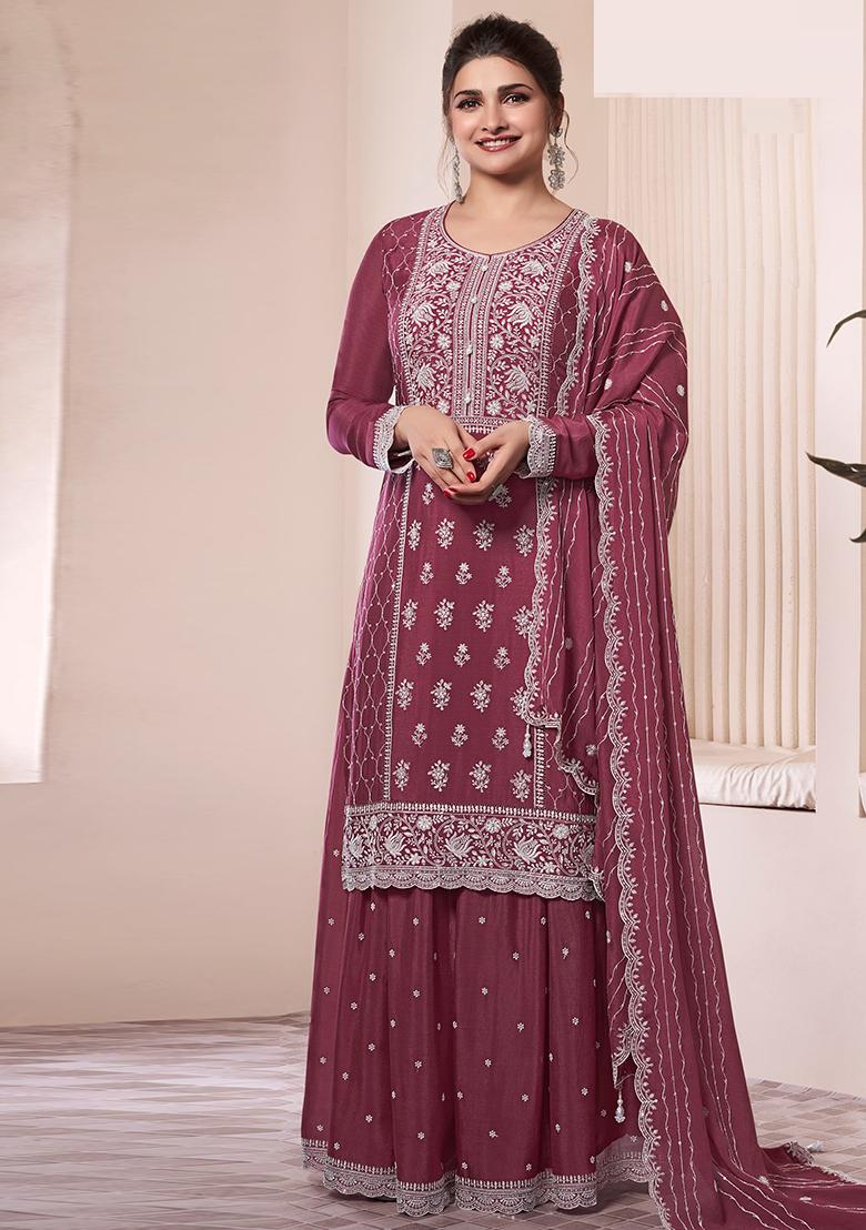 wine Embroidered Silk Dress Material