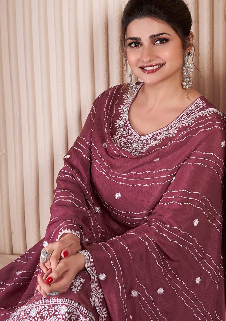 wine Embroidered Silk Dress Material