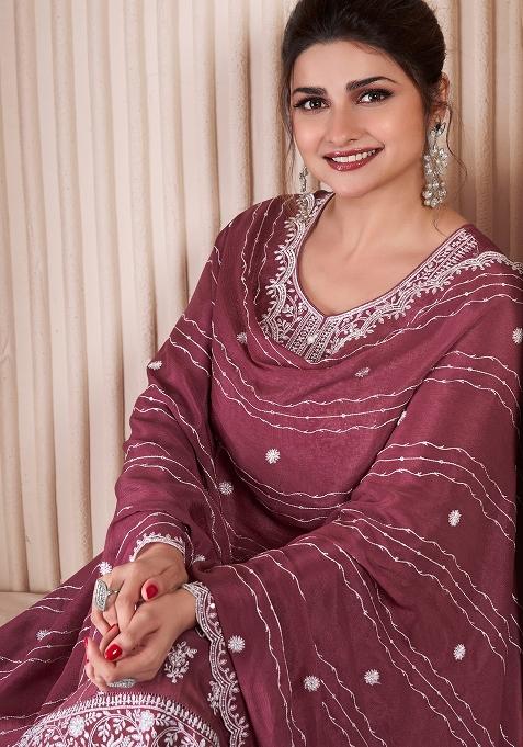 wine Embroidered Silk Dress Material