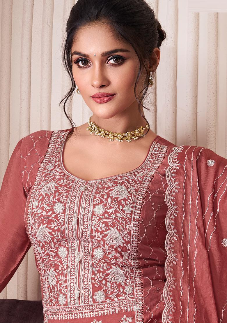 peach Embroidered Silk Dress Material