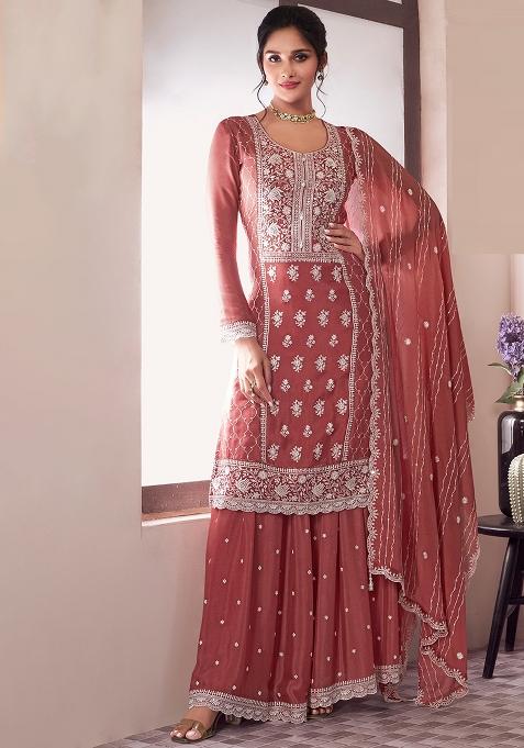 peach Embroidered Silk Dress Material