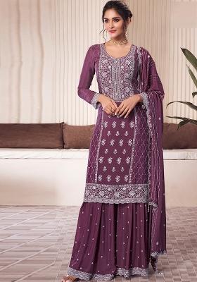 lavender Embroidered Silk Dress Material