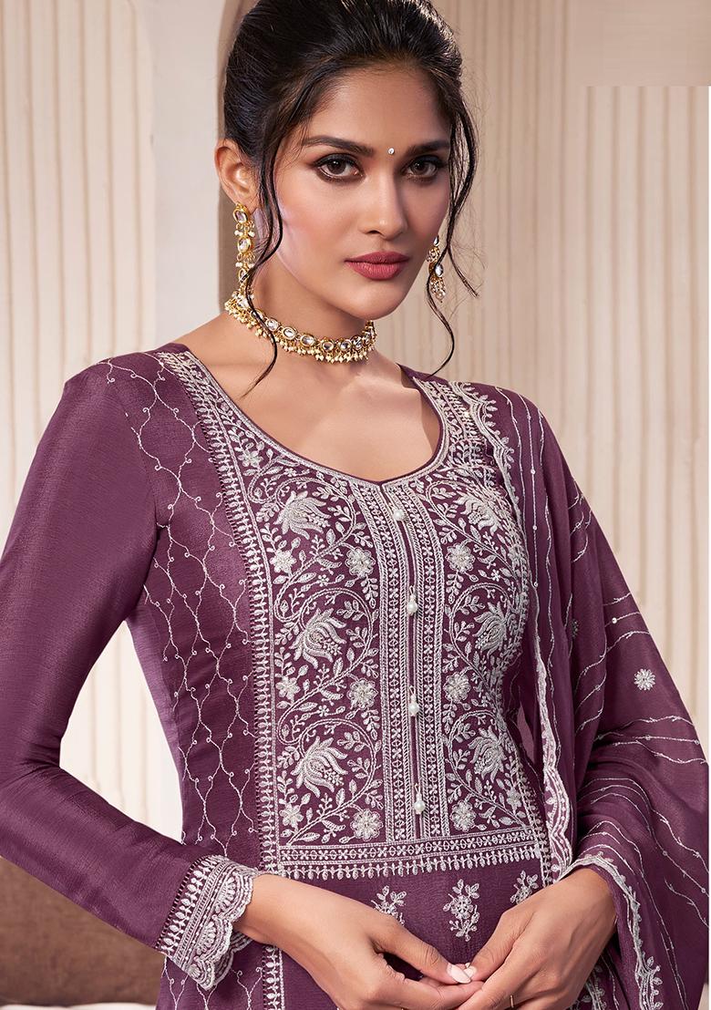 lavender Embroidered Silk Dress Material