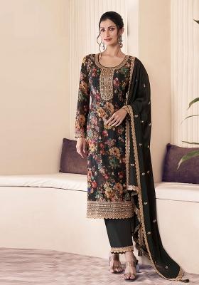 black Embroidered Silk Dress Material