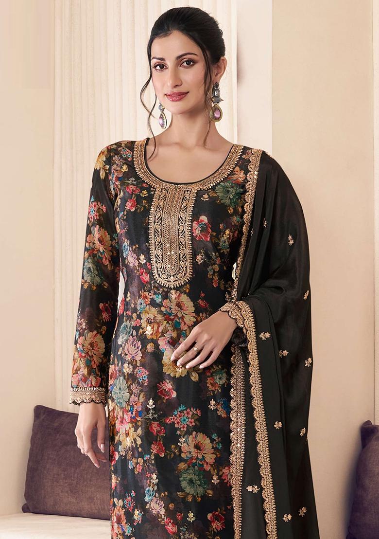 black Embroidered Silk Dress Material