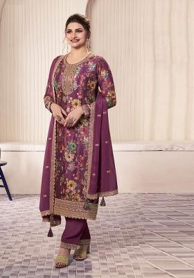 wine Embroidered Silk Dress Material