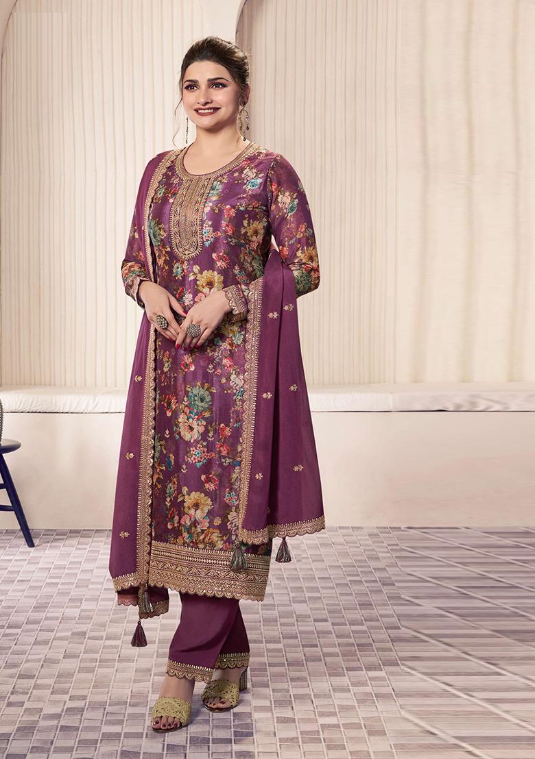wine Embroidered Silk Dress Material