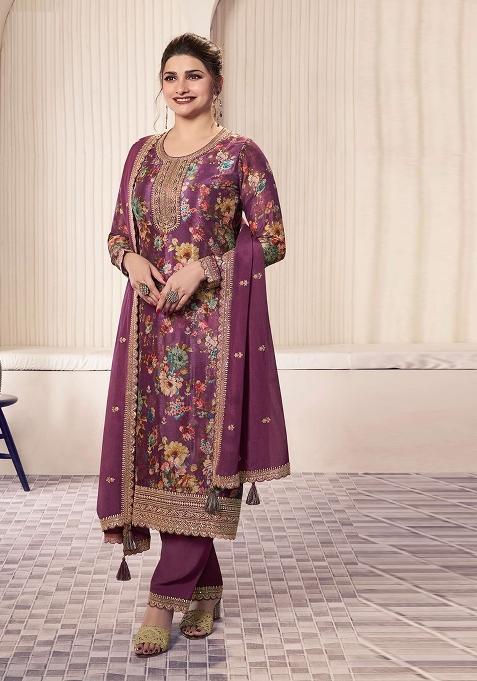 wine Embroidered Silk Dress Material