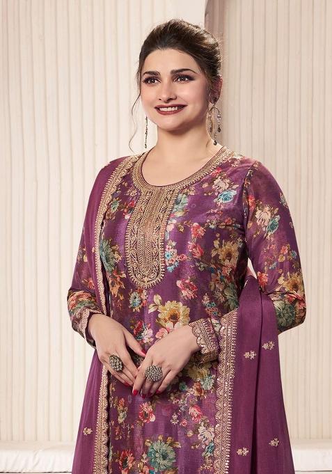 wine Embroidered Silk Dress Material