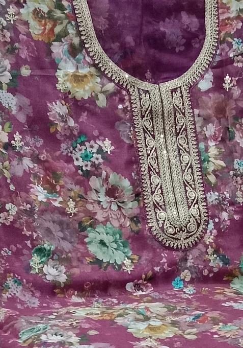 wine Embroidered Silk Dress Material