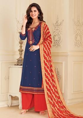 Navy Blue & Red Embroidered Chandari Dress Material