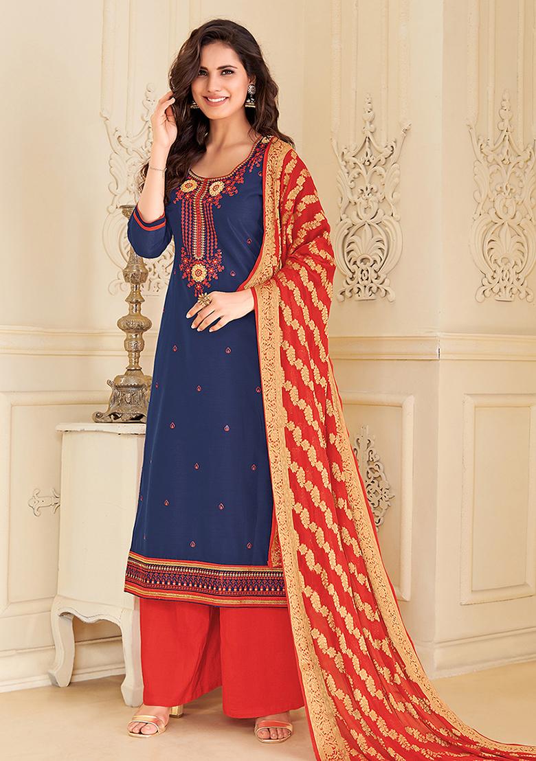 Navy Blue & Red Embroidered Chandari Dress Material