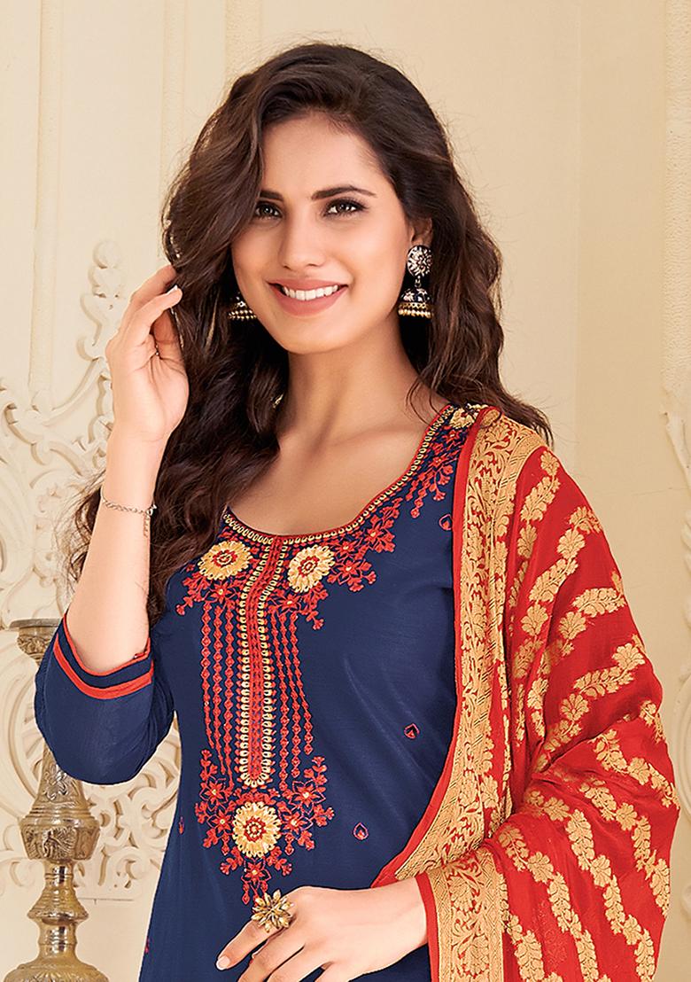 Navy Blue & Red Embroidered Chandari Dress Material