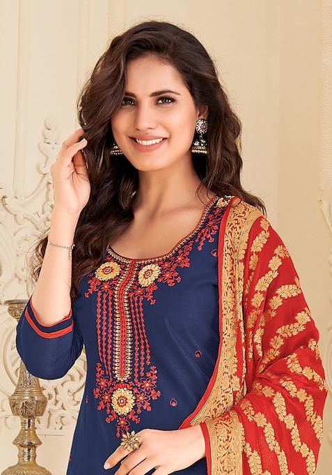 Navy Blue & Red Embroidered Chandari Dress Material
