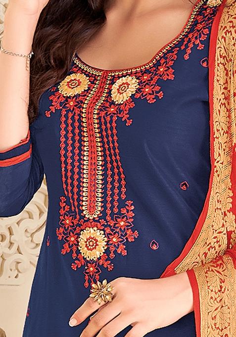 Navy Blue & Red Embroidered Chandari Dress Material