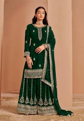 Green Sequin Embroidered Georgette Palazzo Set With Dupatta