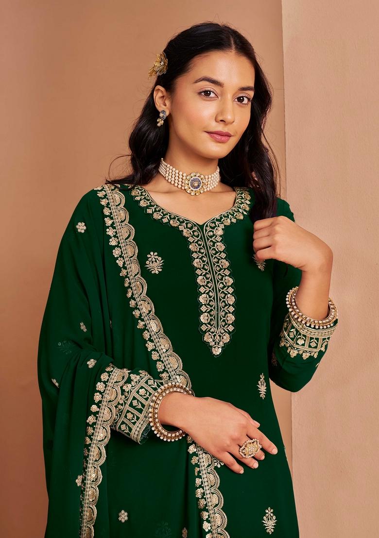 Green Sequin Embroidered Georgette Palazzo Set With Dupatta