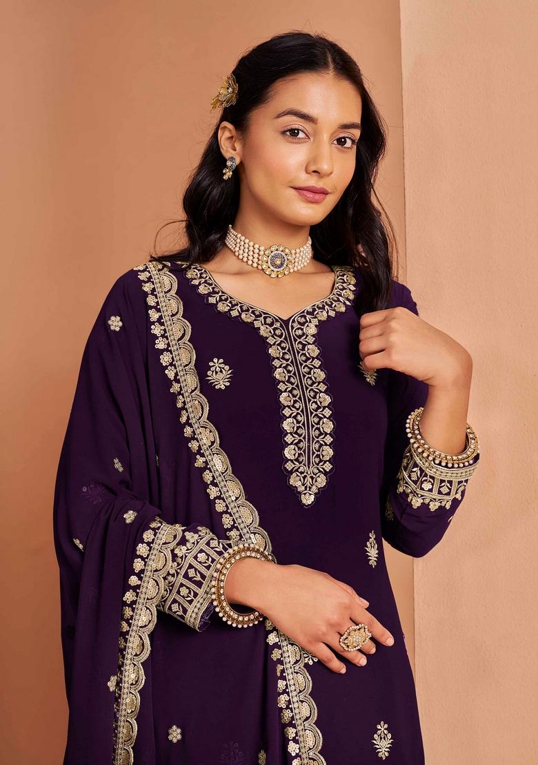 Purple Sequin Embroidered Georgette Palazzo Set With Dupatta